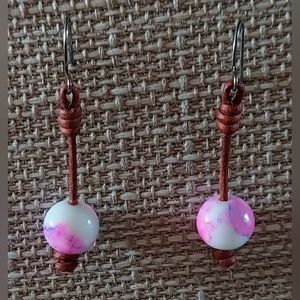 Handmade Pink, Light Blue & White Tye-Dye Bead & Brown Leather Earrings